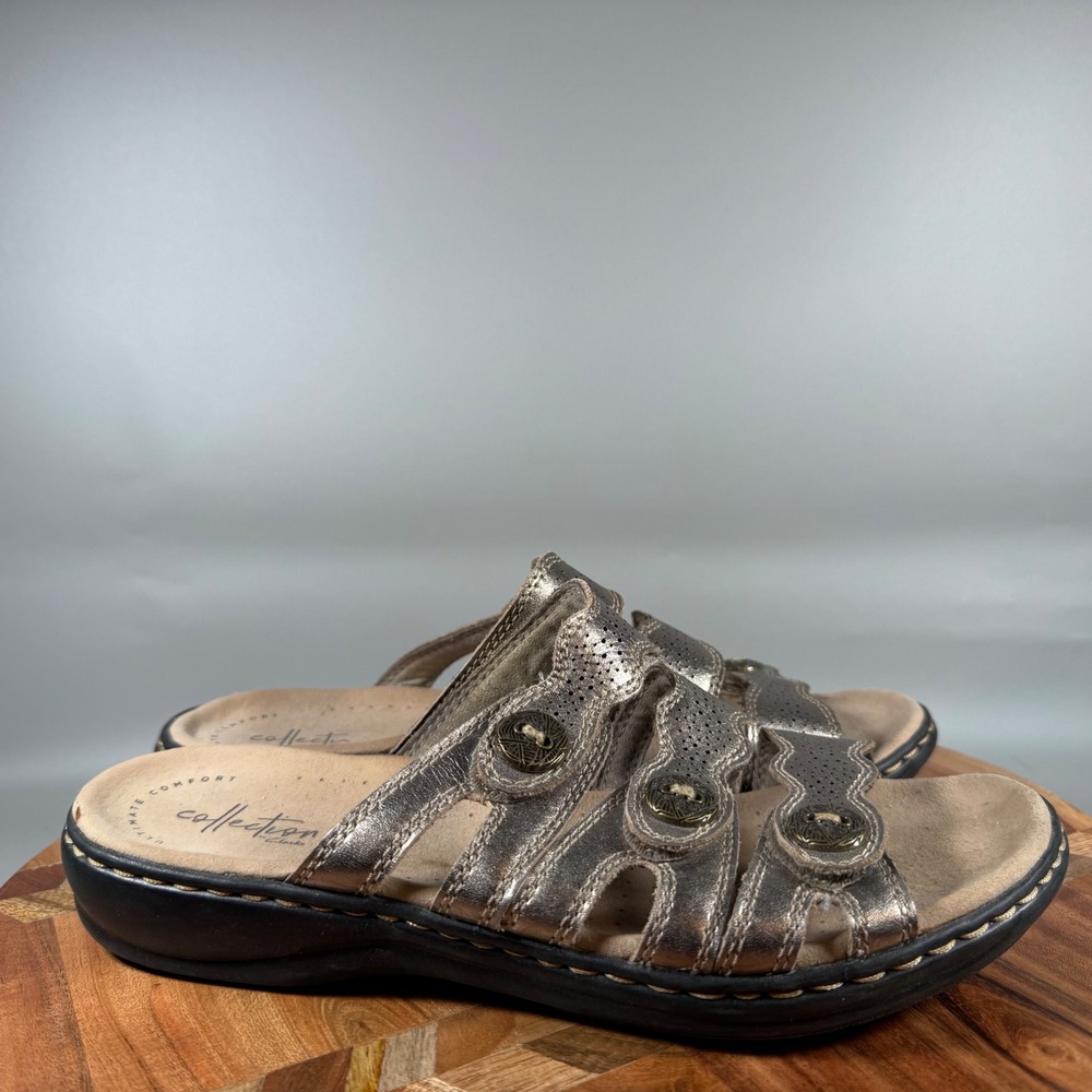 Clarks Collection Brinkley Luma Pewter Metallic Slide Sandals Womens 9 M